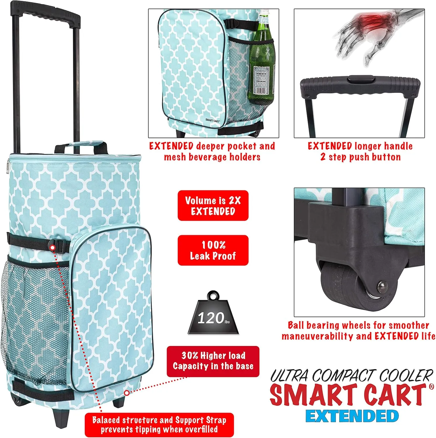 dbest products Ultra Compact Smart Cart Cooler Extended Insulated Collapsible Rolling Tailgate BBQ Beach Summer Moroccan Tile