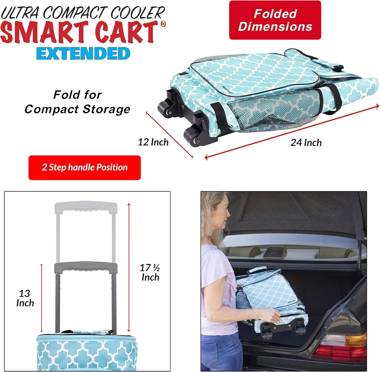 dbest products Ultra Compact Smart Cart Cooler Extended Insulated Collapsible Rolling Tailgate BBQ Beach Summer Moroccan Tile