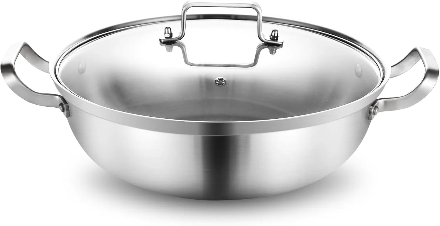 DELARLO Tri-Ply Stainless Steel 14 inch Everyday pan With lid, Everything Pan, Durable Deep Saute Pan, 7QT Induction Cooking Pot,Woks & Stir-Fry Pans Oven Safe Stock Pot