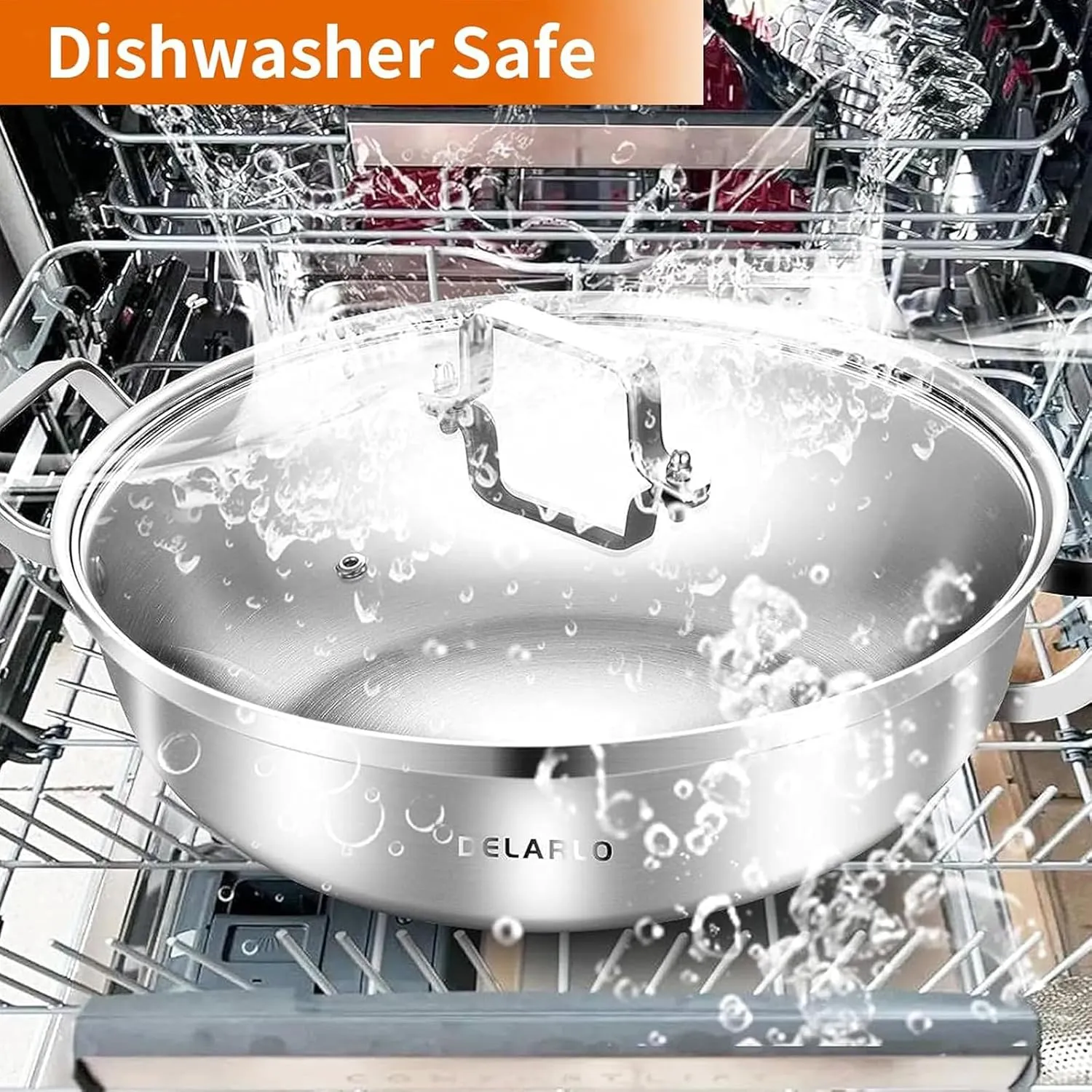 DELARLO Tri-Ply Stainless Steel 14 inch Everyday pan With lid, Everything Pan, Durable Deep Saute Pan, 7QT Induction Cooking Pot,Woks & Stir-Fry Pans Oven Safe Stock Pot