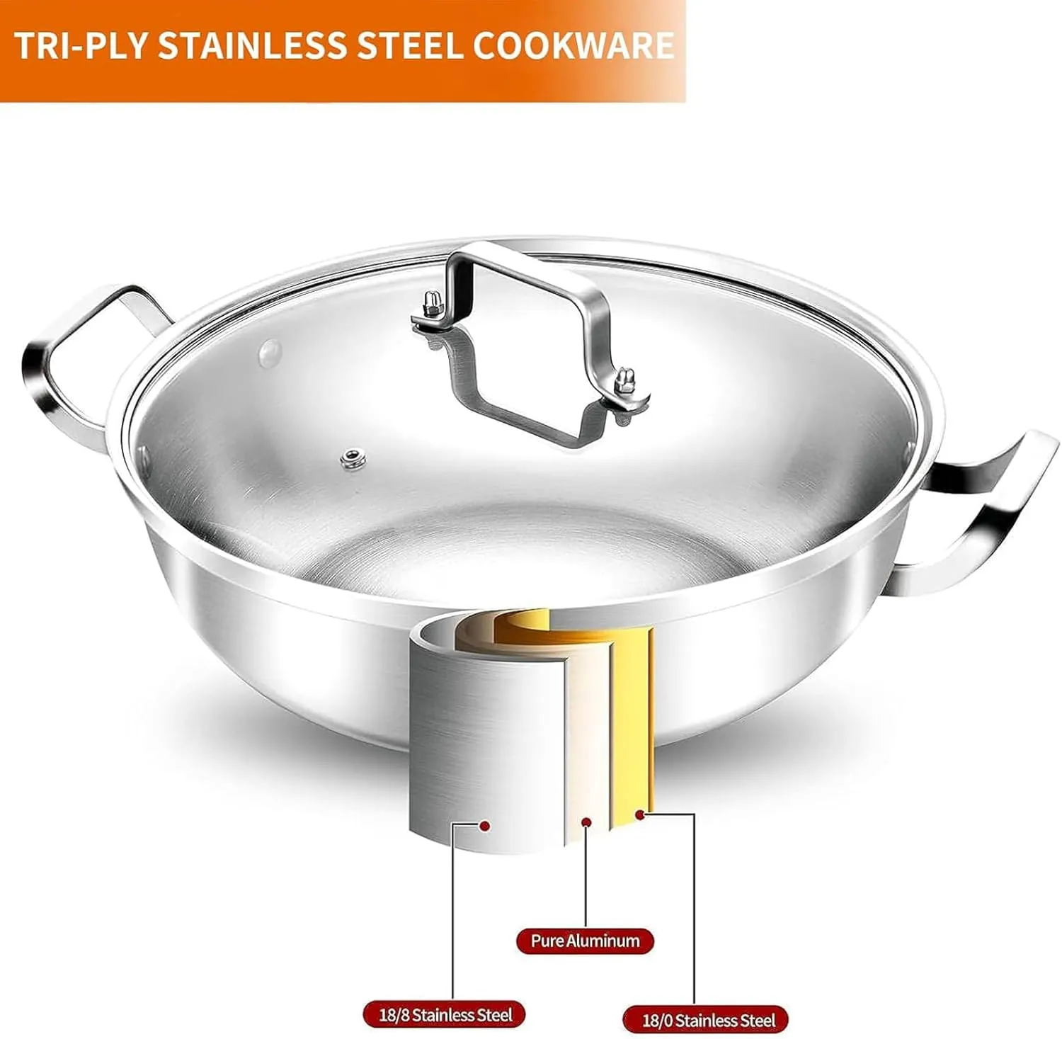 DELARLO Tri-Ply Stainless Steel 14 inch Everyday pan With lid, Everything Pan, Durable Deep Saute Pan, 7QT Induction Cooking Pot,Woks & Stir-Fry Pans Oven Safe Stock Pot