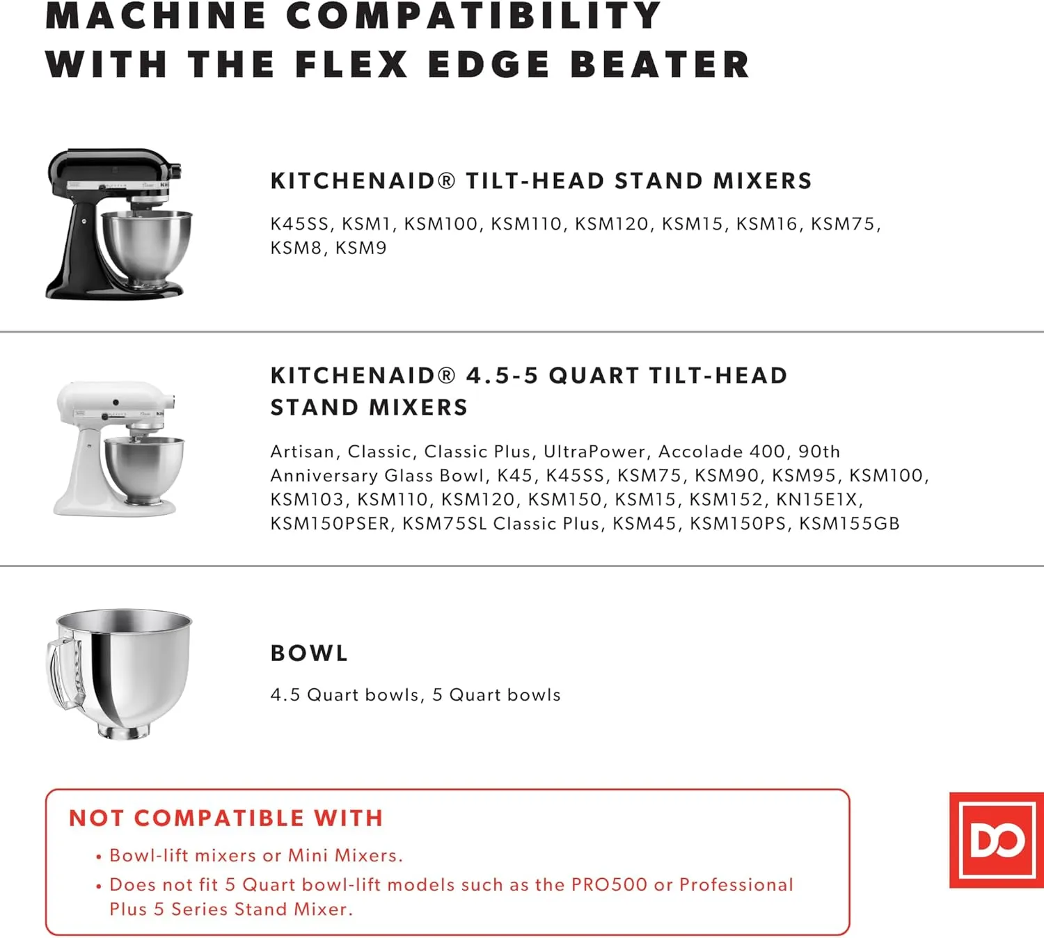 DI ORO Seamless Series Flex Edge Beater for KitchenAid Tilt-Head Stand Mixer - 4.5-5 Quart Flat Beater Paddle - Flexible Silicone Edges for Scraping & Mixing Bowls - Dishwasher Safe & BPA Free (White)