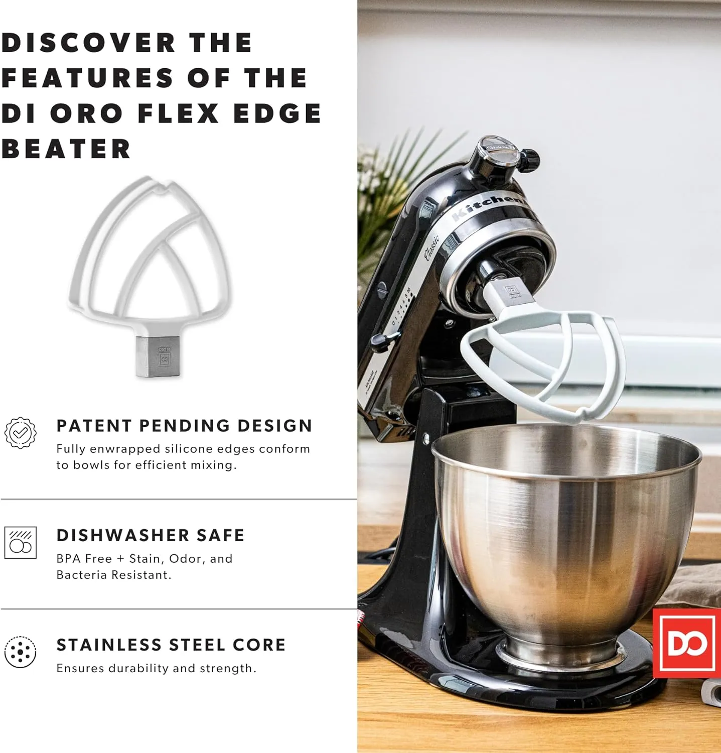DI ORO Seamless Series Flex Edge Beater for KitchenAid Tilt-Head Stand Mixer - 4.5-5 Quart Flat Beater Paddle - Flexible Silicone Edges for Scraping & Mixing Bowls - Dishwasher Safe & BPA Free (White)