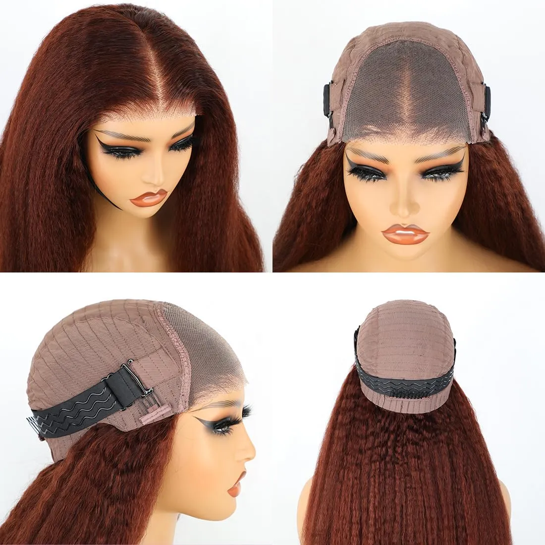 Domiso 22 Inch Reddish Brown Wear and Go Glueless Wig Brown Kinky Straight HD Lace Pre Cut 7x5 HD Lace Wigs Human Hair for Women Yaki Glueless Wig with Elastic Band Natural Hairline 200% Density
