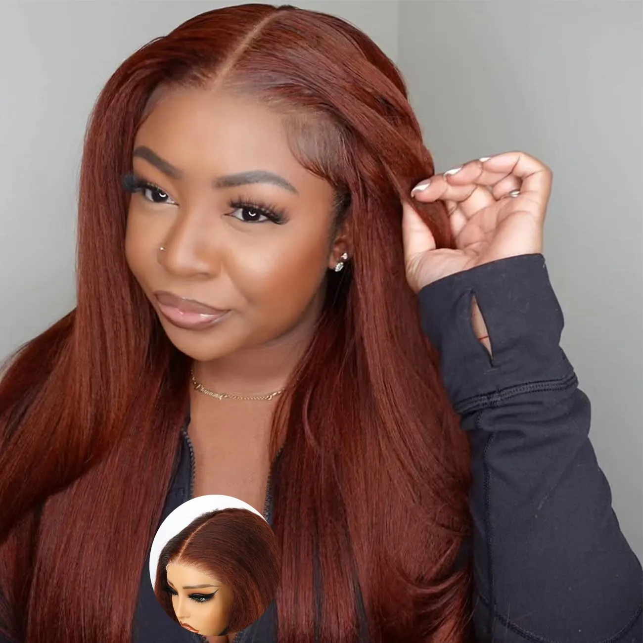 Domiso 22 Inch Reddish Brown Wear and Go Glueless Wig Brown Kinky Straight HD Lace Pre Cut 7x5 HD Lace Wigs Human Hair for Women Yaki Glueless Wig with Elastic Band Natural Hairline 200% Density