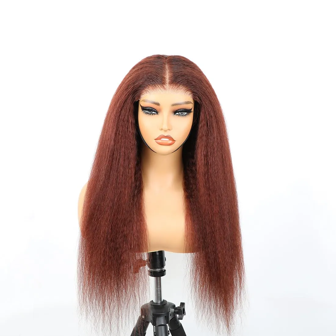 Domiso 22 Inch Reddish Brown Wear and Go Glueless Wig Brown Kinky Straight HD Lace Pre Cut 7x5 HD Lace Wigs Human Hair for Women Yaki Glueless Wig with Elastic Band Natural Hairline 200% Density