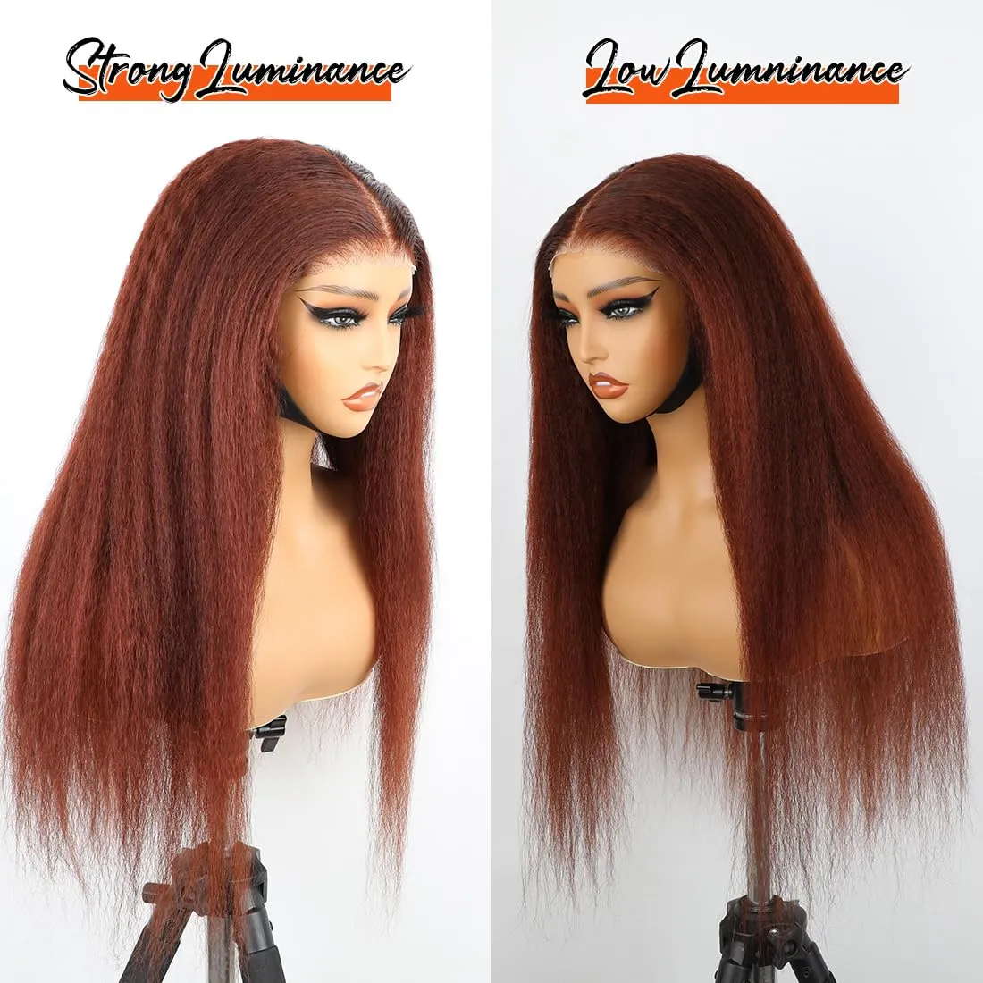 Domiso 22 Inch Reddish Brown Wear and Go Glueless Wig Brown Kinky Straight HD Lace Pre Cut 7x5 HD Lace Wigs Human Hair for Women Yaki Glueless Wig with Elastic Band Natural Hairline 200% Density