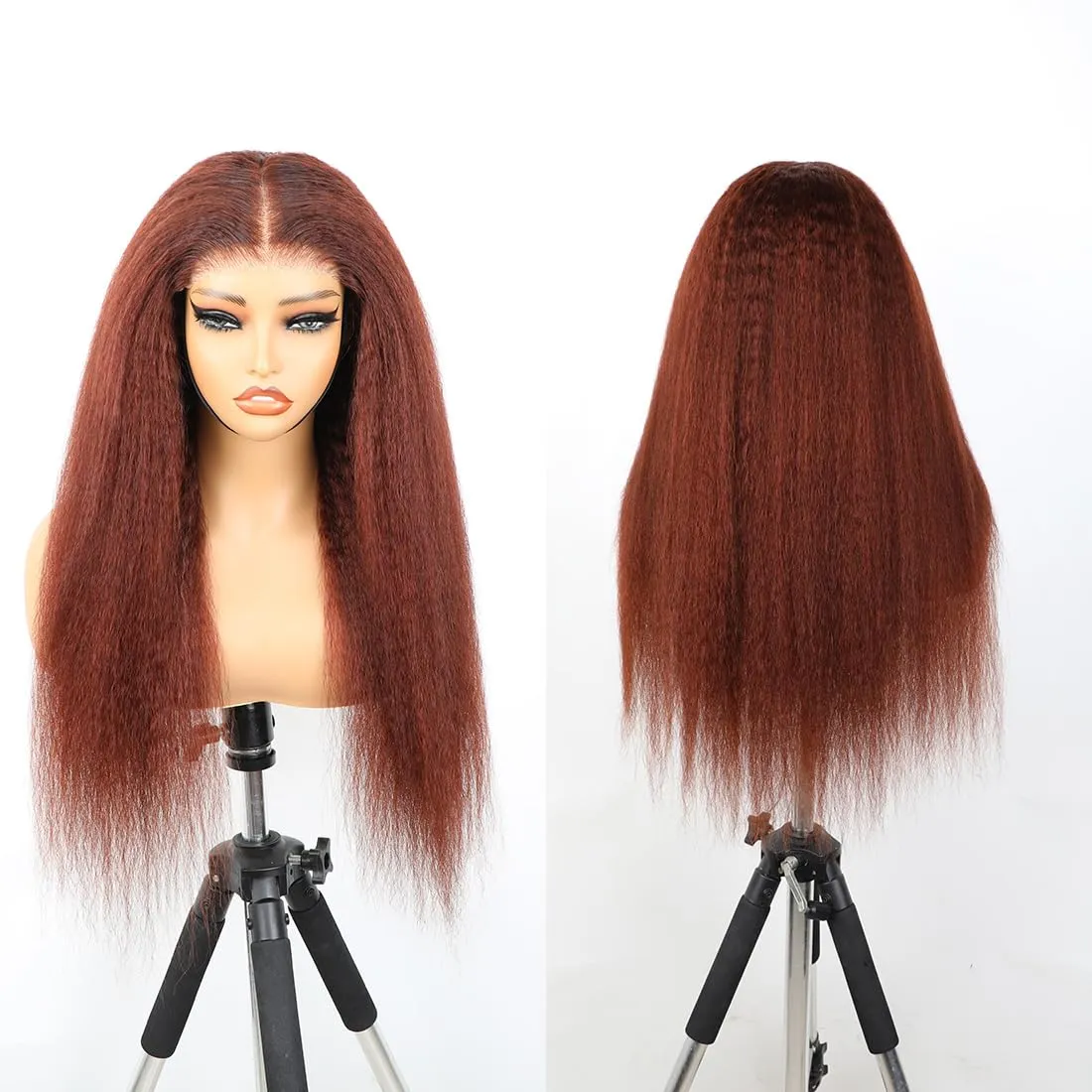 Domiso 22 Inch Reddish Brown Wear and Go Glueless Wig Brown Kinky Straight HD Lace Pre Cut 7x5 HD Lace Wigs Human Hair for Women Yaki Glueless Wig with Elastic Band Natural Hairline 200% Density