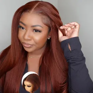 Domiso 22 Inch Reddish Brown Wear and Go Glueless Wig Brown Kinky Straight HD Lace Pre Cut 7x5 HD Lace Wigs Human Hair for Women Yaki Glueless Wig with Elastic Band Natural Hairline 200% Density