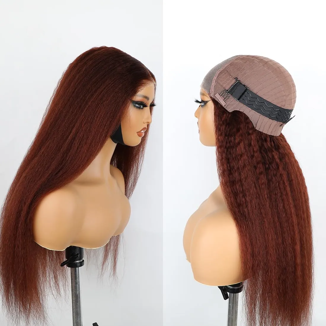 Domiso 22 Inch Reddish Brown Wear and Go Glueless Wig Brown Kinky Straight HD Lace Pre Cut 7x5 HD Lace Wigs Human Hair for Women Yaki Glueless Wig with Elastic Band Natural Hairline 200% Density
