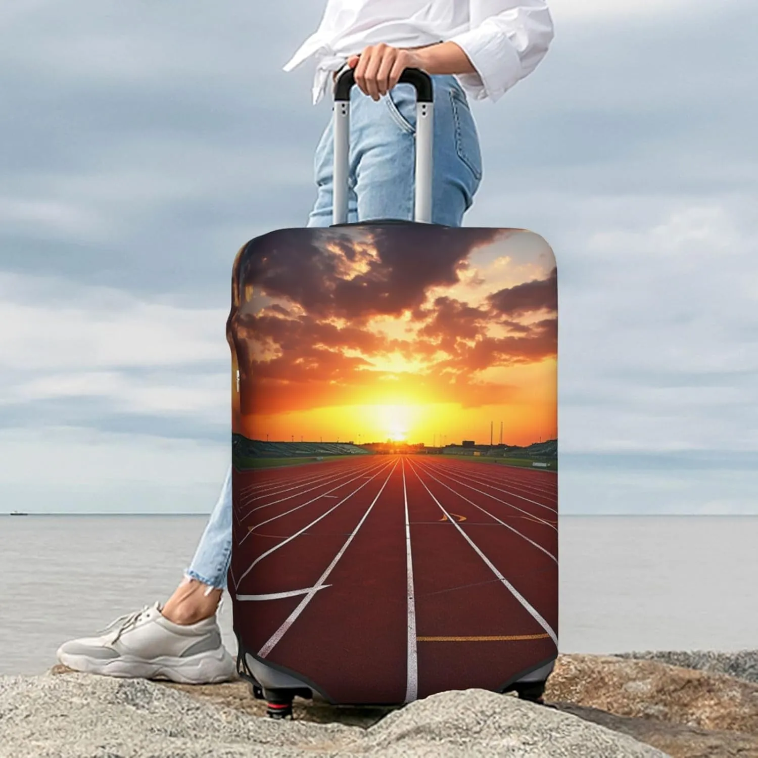 Dusk Running Track Luggage Cover for Suitcase Tsa Approved, Spandex Stretch Suitcase Protector Washable Baggage Covers Travel Luggage Sleeve Large Suit Case Cover Fit 18-32 Inch