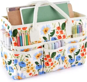 E-WEICHEN Craft Organizer Tote Bag Art Storage Caddy with Multiple Pockets Containers for Art,Craft,and Office Supplies Storage.Beige Flower