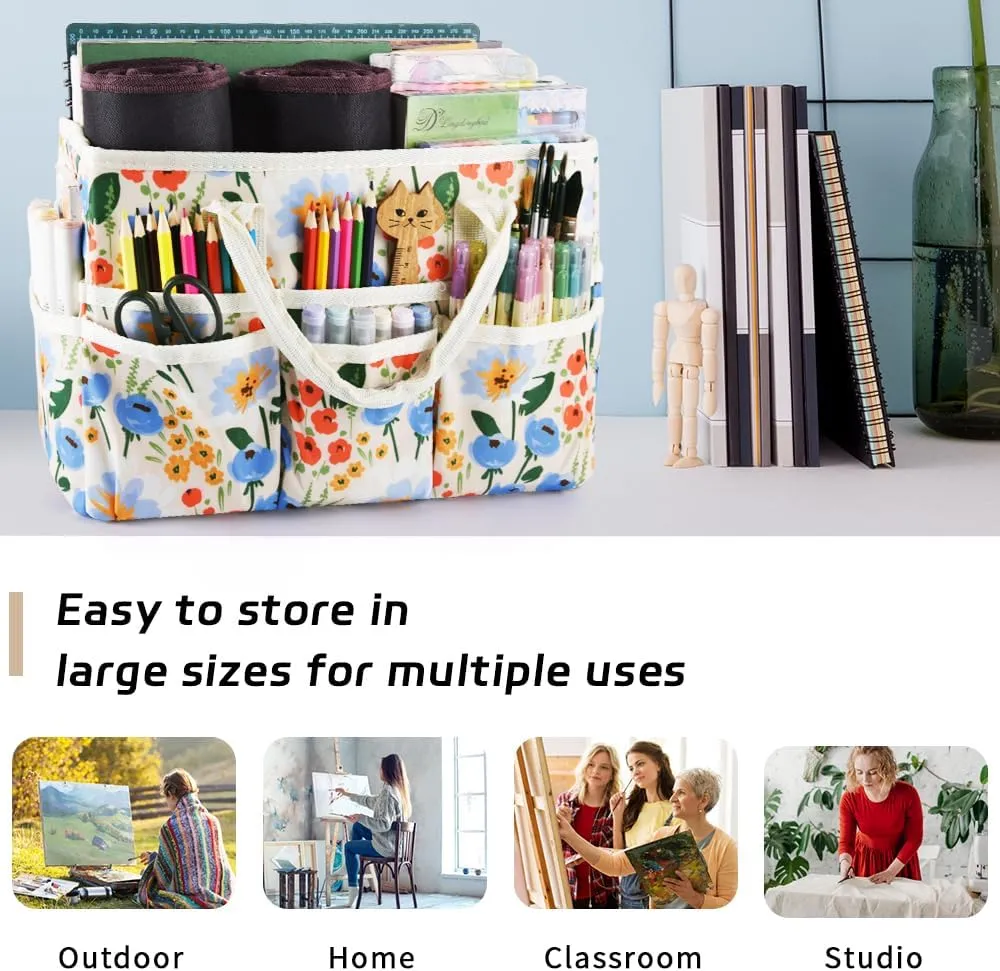 E-WEICHEN Craft Organizer Tote Bag Art Storage Caddy with Multiple Pockets Containers for Art,Craft,and Office Supplies Storage.Beige Flower