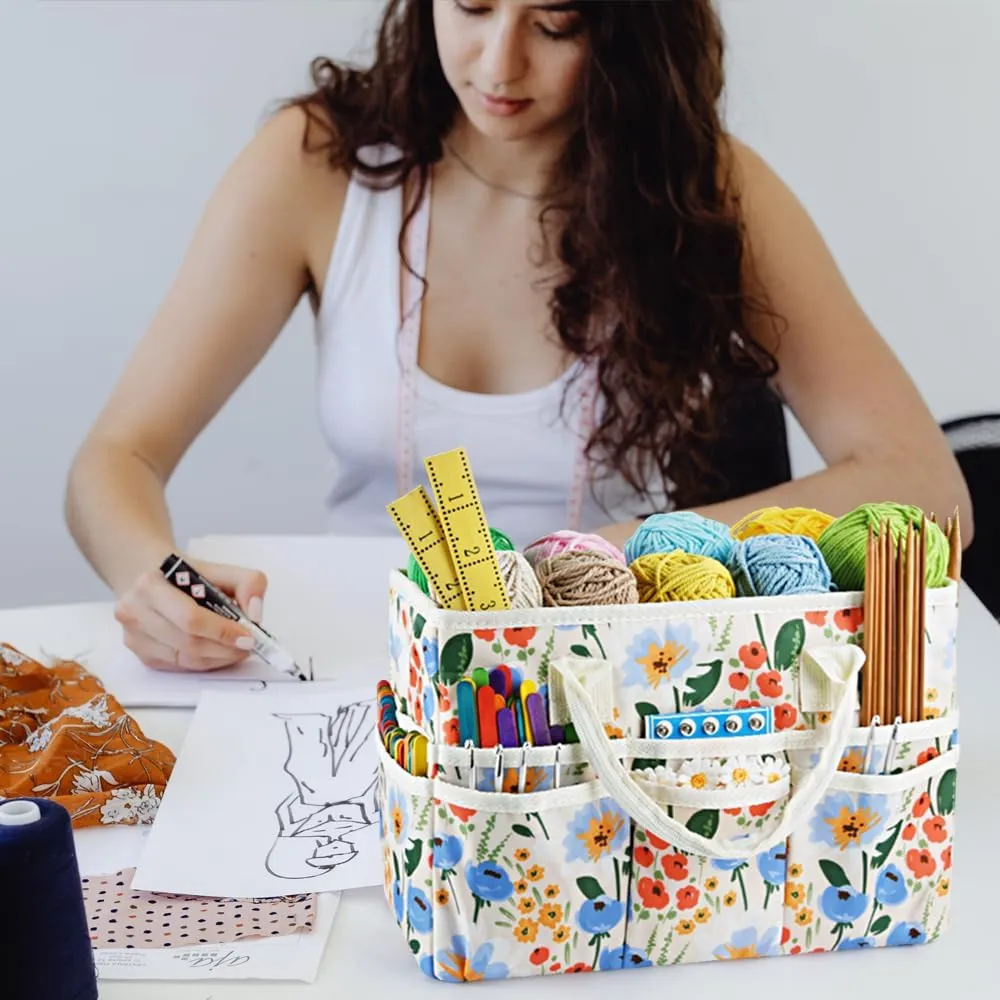 E-WEICHEN Craft Organizer Tote Bag Art Storage Caddy with Multiple Pockets Containers for Art,Craft,and Office Supplies Storage.Beige Flower