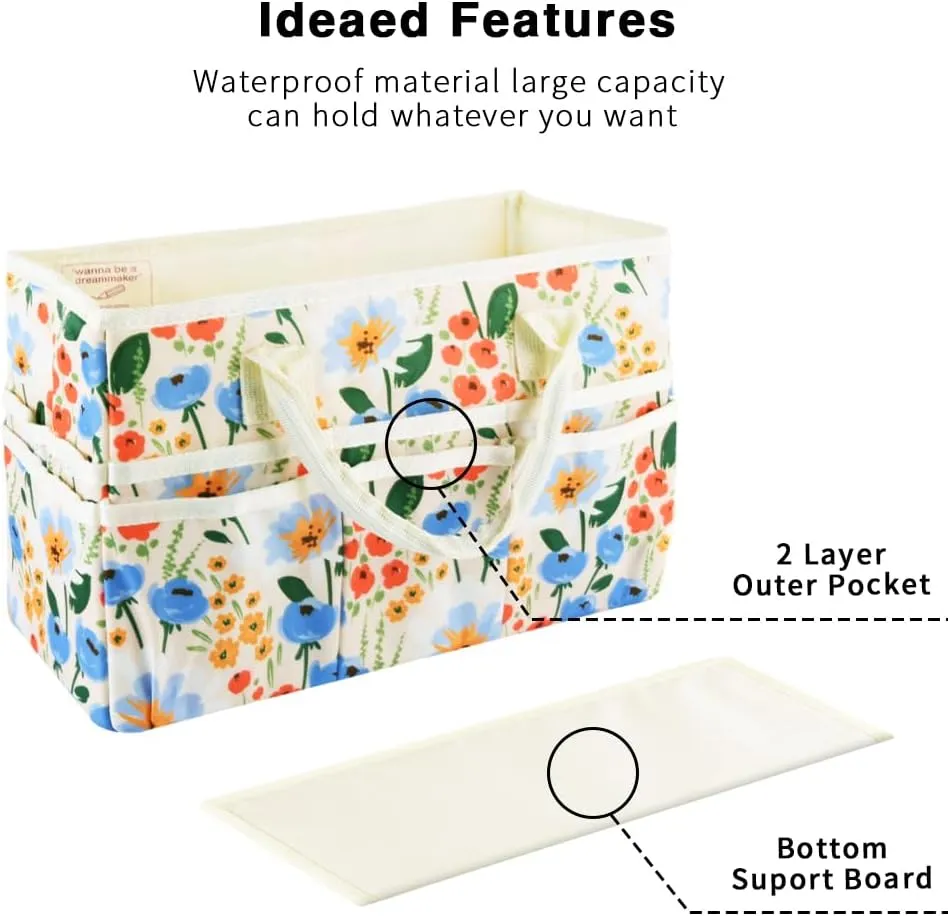 E-WEICHEN Craft Organizer Tote Bag Art Storage Caddy with Multiple Pockets Containers for Art,Craft,and Office Supplies Storage.Beige Flower