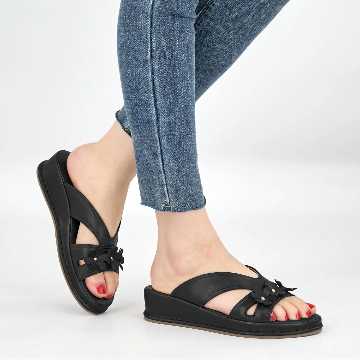 Ecetana Sandals for Women 2025 Wedge Slides Dressy Summer Comfortable Memory Foam Slip on Casual Platform Shoes