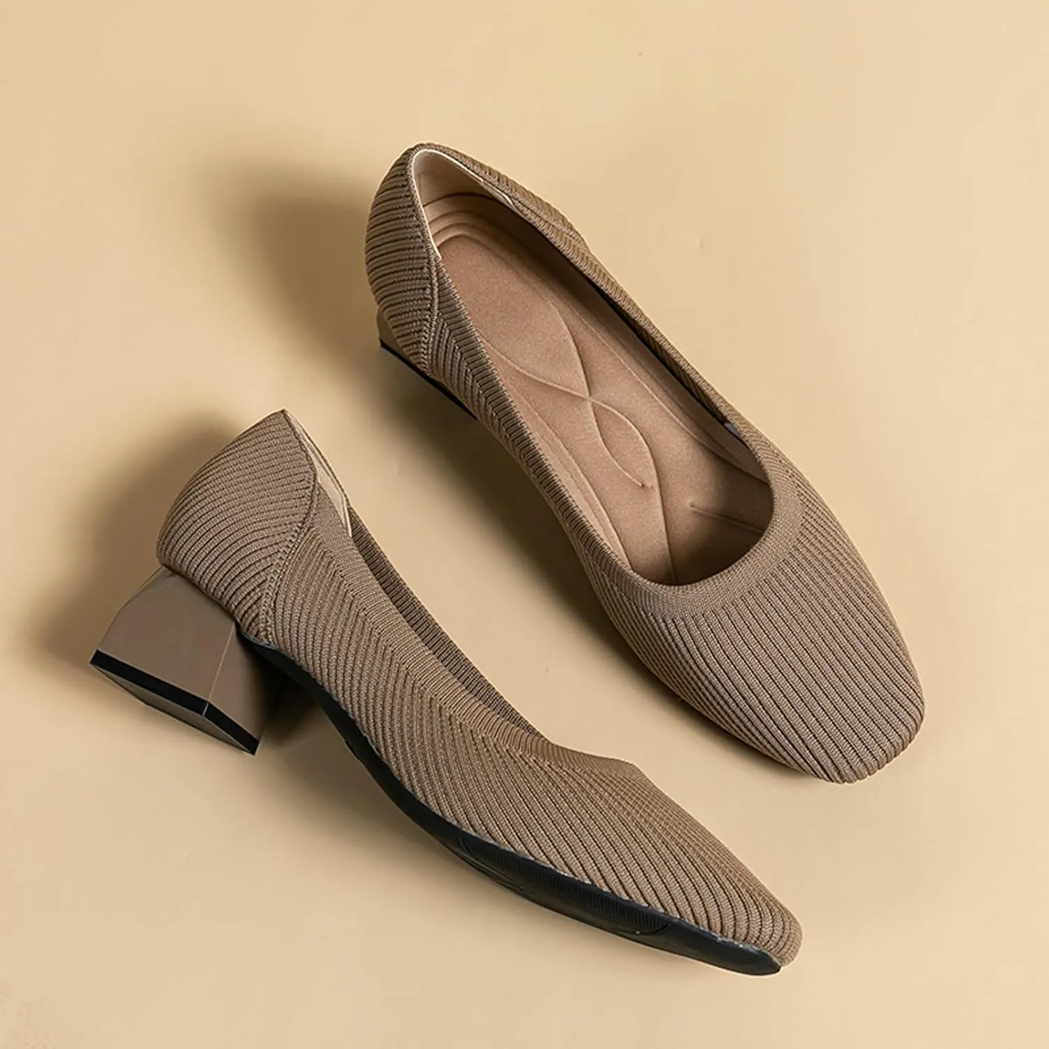 EFTCAL Women's Knit Chunky Heel Pumps Square Closed Toe Comfort Slip On Backless Low Block Heels Outdoor Casual Work Wedding Party Dress Shoes