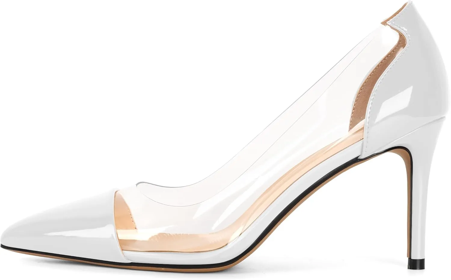 Eldof Women's Stilettos Pumps Pointed Toe Clear Transparent PVC Vamp High Heels Slip on 3 Inch Wedding Dressy Work Shoes