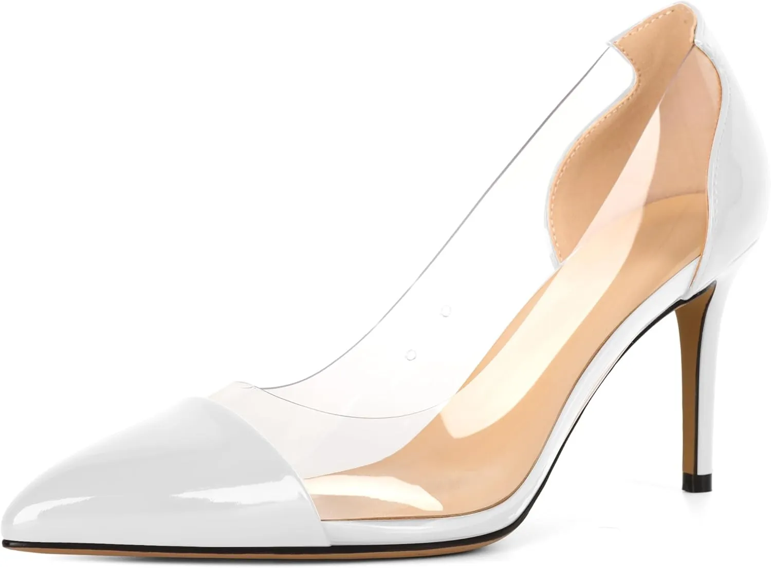 Eldof Women's Stilettos Pumps Pointed Toe Clear Transparent PVC Vamp High Heels Slip on 3 Inch Wedding Dressy Work Shoes