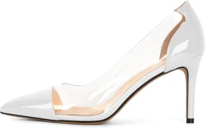 Eldof Women's Stilettos Pumps Pointed Toe Clear Transparent PVC Vamp High Heels Slip on 3 Inch Wedding Dressy Work Shoes