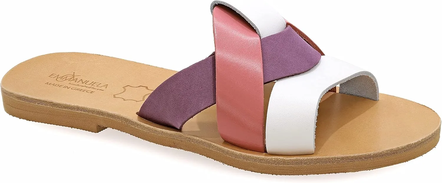 Emmanuela Ancient Greek Style Sandals, Handmade Leather Open Toe Strappy Flat Sandals, Quality Slide on Summer Shoes for Women, Boho Chic Sliders Rose Gold Silver Turquoise White