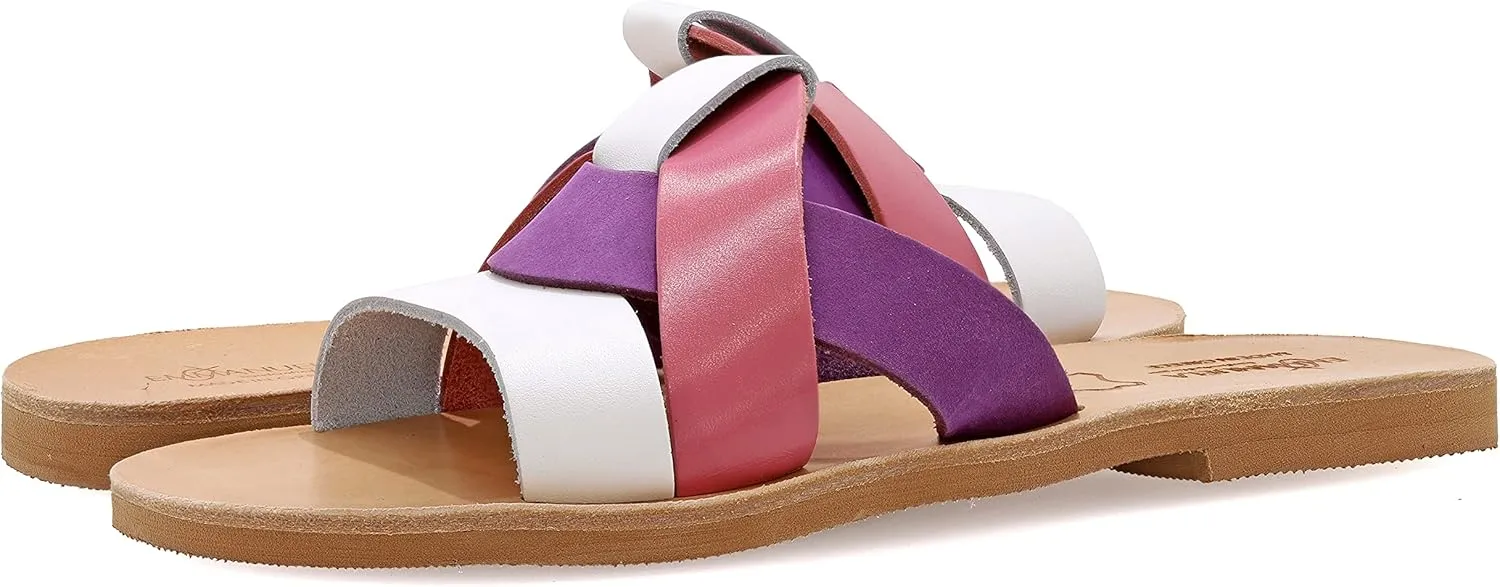Emmanuela Ancient Greek Style Sandals, Handmade Leather Open Toe Strappy Flat Sandals, Quality Slide on Summer Shoes for Women, Boho Chic Sliders Rose Gold Silver Turquoise White