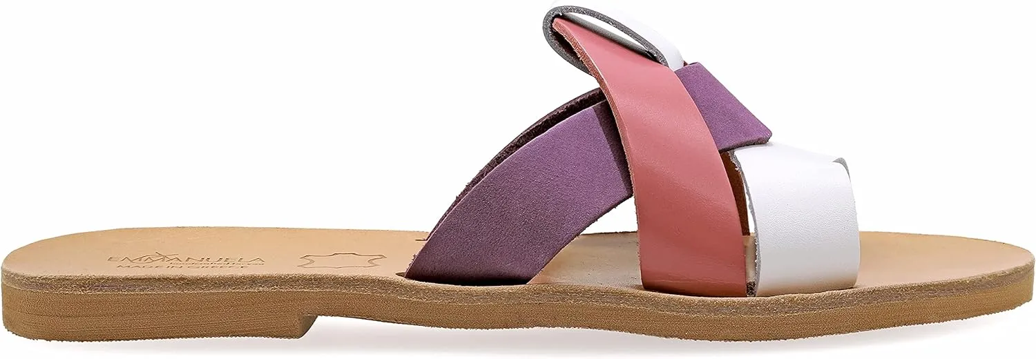 Emmanuela Ancient Greek Style Sandals, Handmade Leather Open Toe Strappy Flat Sandals, Quality Slide on Summer Shoes for Women, Boho Chic Sliders Rose Gold Silver Turquoise White