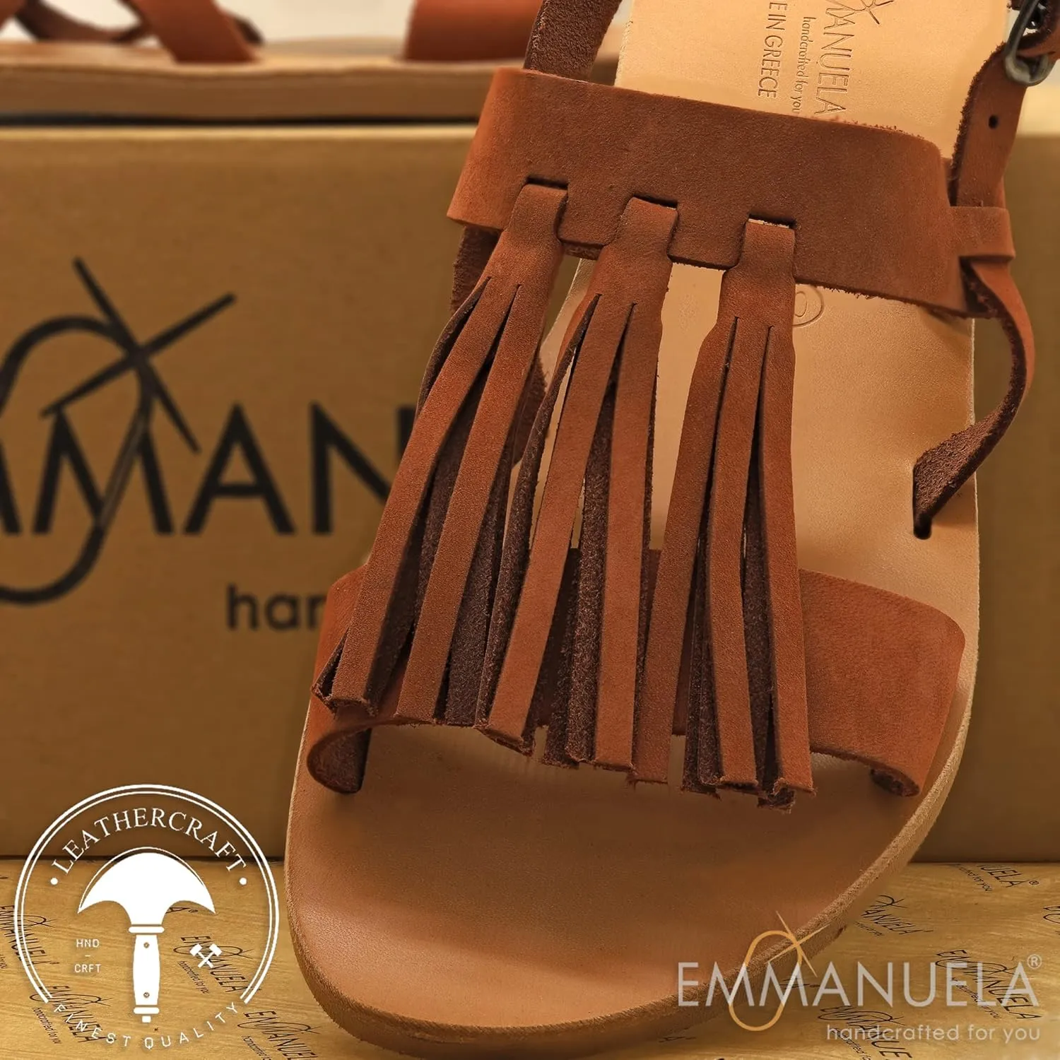 Emmanuela Comfortable Leather Flat Sandals with round metal elements, Quality Ancient Greek Style Ankle Strap Dressy Sandals, Gladiator Open Toe Strappy Sandals, Boho Chic Wedding