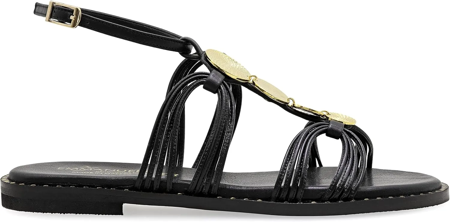 Emmanuela Comfortable Leather Flat Sandals with round metal elements, Quality Ancient Greek Style Ankle Strap Dressy Sandals, Gladiator Open Toe Strappy Sandals, Boho Chic Wedding