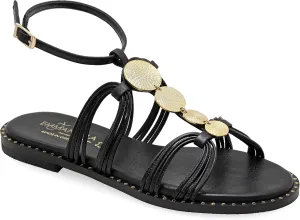 Emmanuela Comfortable Leather Flat Sandals with round metal elements, Quality Ancient Greek Style Ankle Strap Dressy Sandals, Gladiator Open Toe Strappy Sandals, Boho Chic Wedding