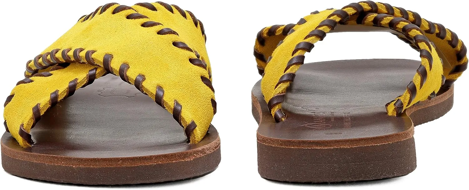 Emmanuela Greek Leather Embroided Flat Sandals, Quality Handmade Slide on X Strap Summer Shoes for Women, Open Toe Sliders, Boho Chic Strappy Mules