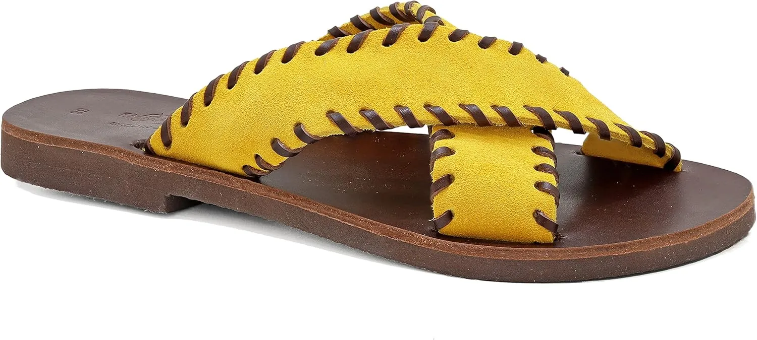 Emmanuela Greek Leather Embroided Flat Sandals, Quality Handmade Slide on X Strap Summer Shoes for Women, Open Toe Sliders, Boho Chic Strappy Mules