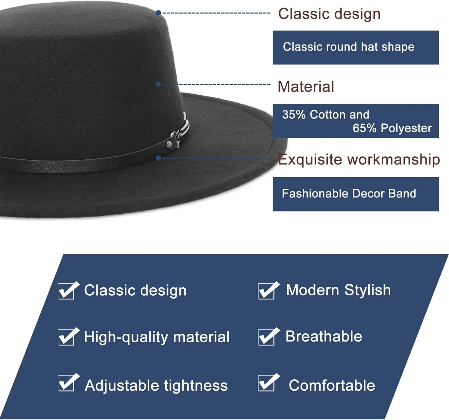 EOZY Women Men Classic Felt Fedora Hat Wide Brim Flat Top Jazz Panama Hat Casual Party Church Hat