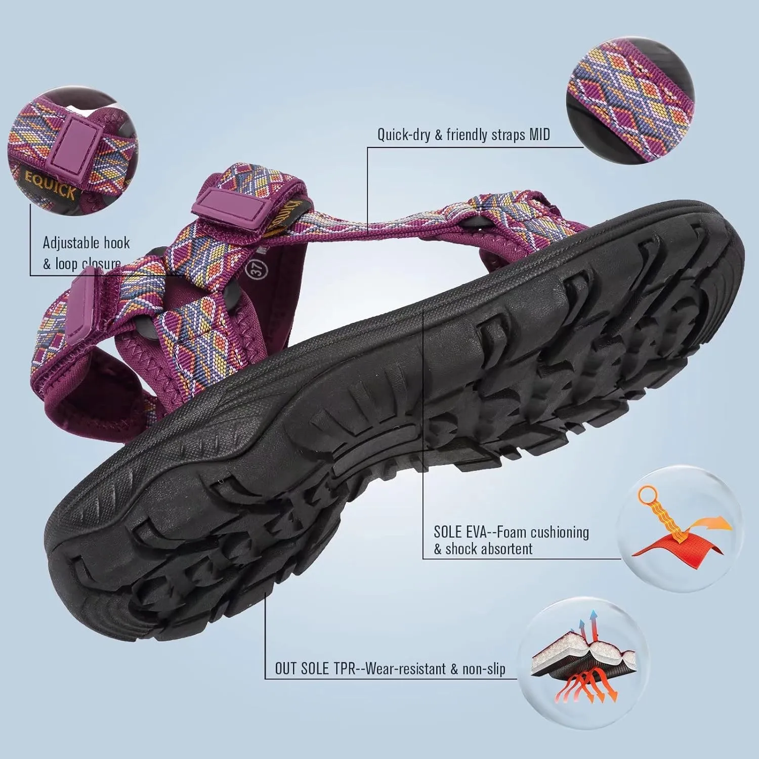 EQUICK Sport Sandals for Women, Open Toe Strap Sandal Anti-skidding Outdoor Water Sandals Comfortable Athletic Sandals for Beach