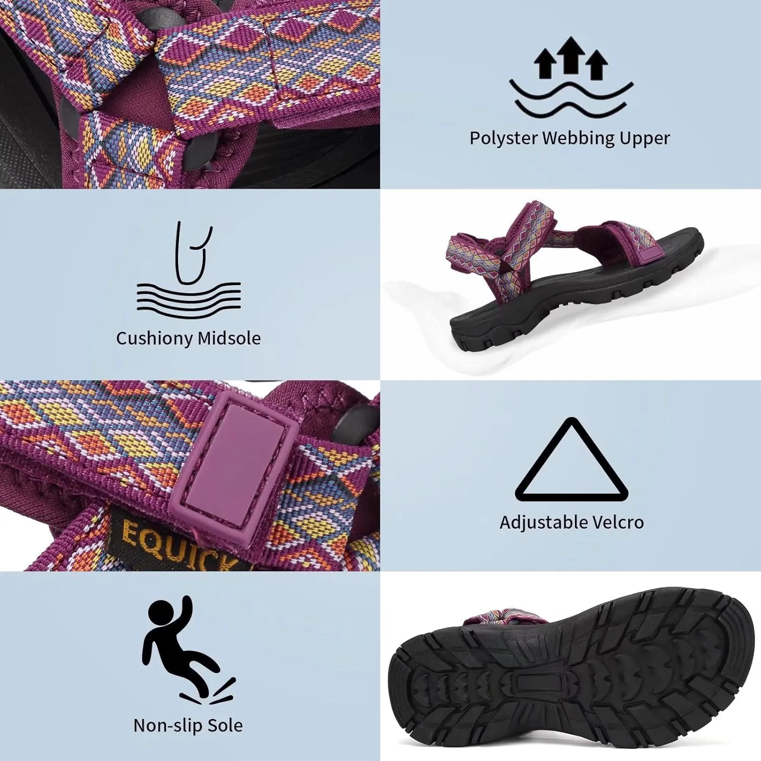 EQUICK Sport Sandals for Women, Open Toe Strap Sandal Anti-skidding Outdoor Water Sandals Comfortable Athletic Sandals for Beach