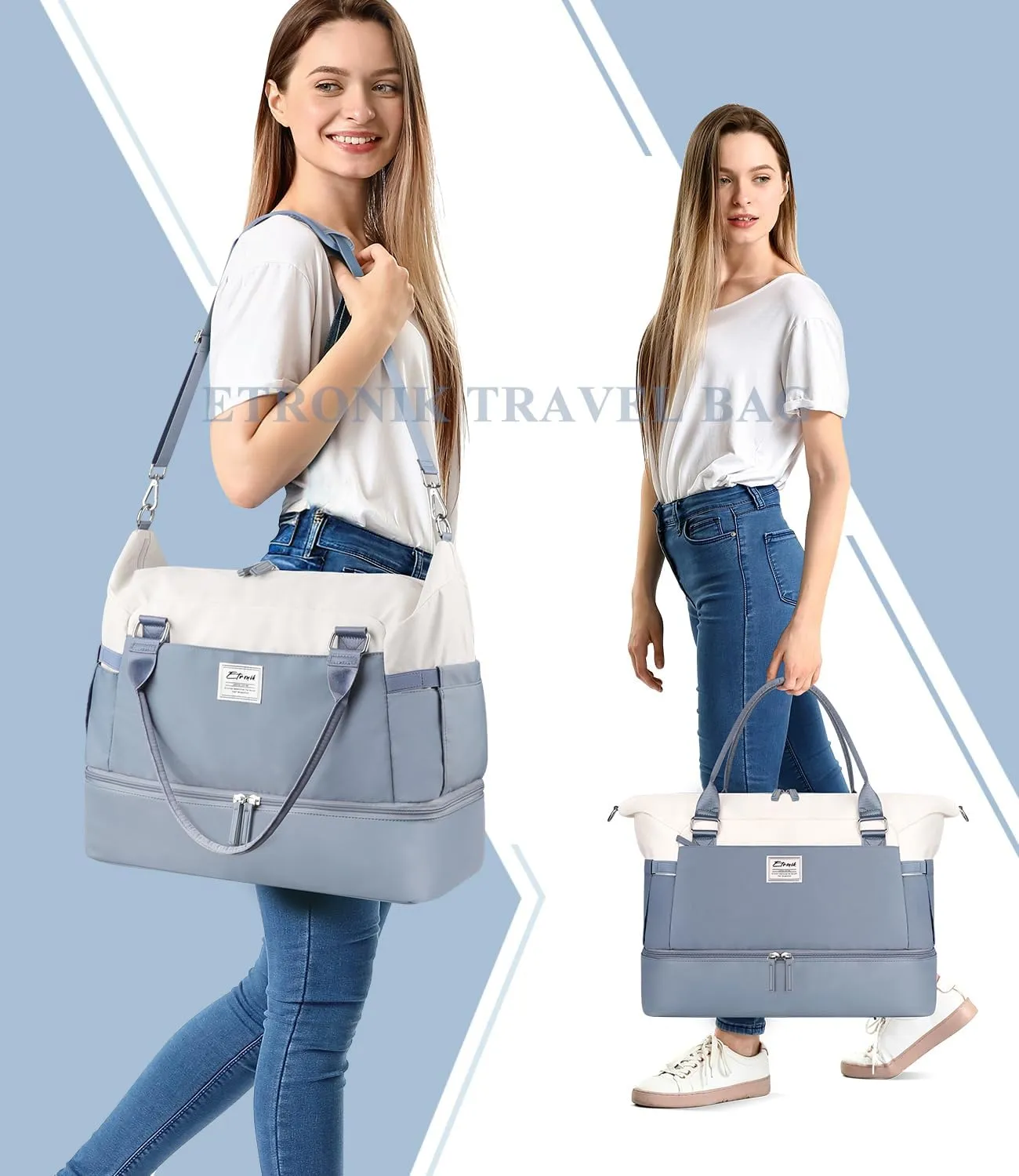 ETRONIK Weekender Bags for Women, Personal Item Travel Bag with Shoe Compartment, Carry On Overnight Bag with Toiletry Bag, Gym Bag with Wet Pocket, Duffel Bag for Travel, Sports, Hospital Blue&White