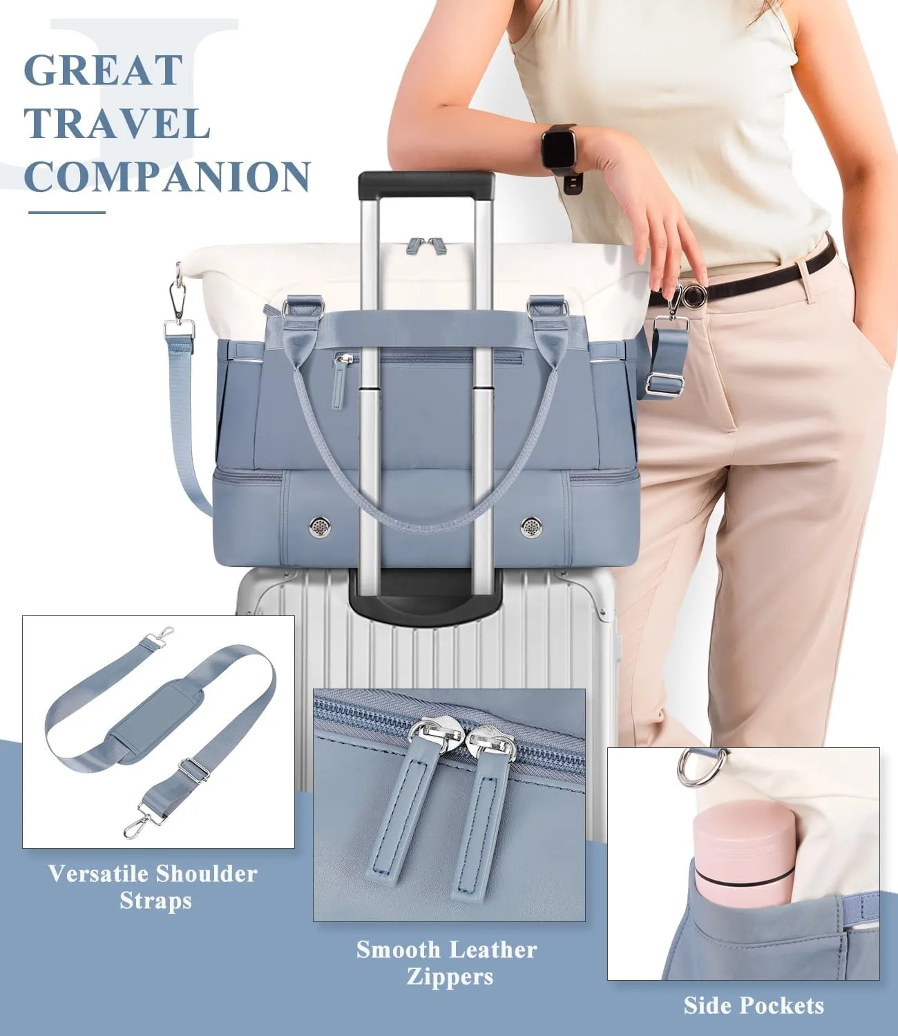 ETRONIK Weekender Bags for Women, Personal Item Travel Bag with Shoe Compartment, Carry On Overnight Bag with Toiletry Bag, Gym Bag with Wet Pocket, Duffel Bag for Travel, Sports, Hospital Blue&White