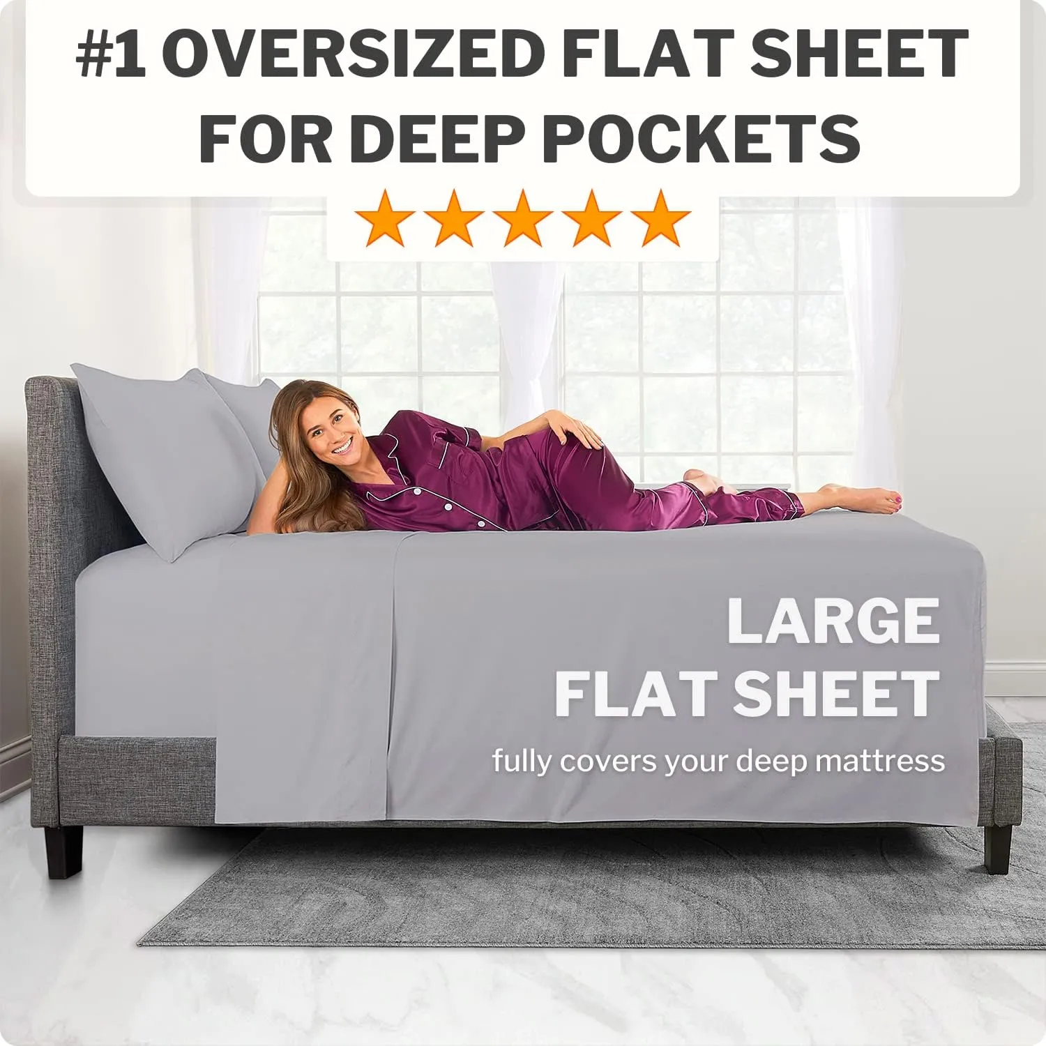 Extra Deep Pocket King Size Sheets – 21” King Sheet Sets Deep Pocket – [4 Piece Set] King Bed Sheets Oversize Flat Sheet, Fitted Sheet, 2 Zippered Pillowcases – 18”–23” King Sheets – Calm Grey