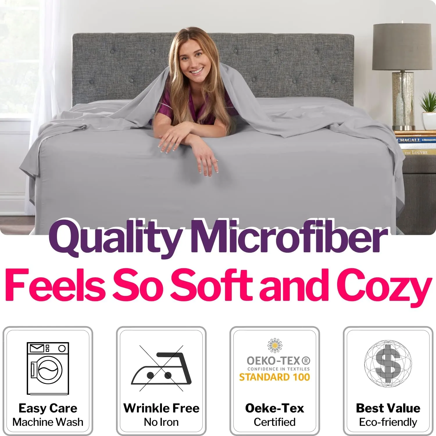 Extra Deep Pocket King Size Sheets – 21” King Sheet Sets Deep Pocket – [4 Piece Set] King Bed Sheets Oversize Flat Sheet, Fitted Sheet, 2 Zippered Pillowcases – 18”–23” King Sheets – Calm Grey