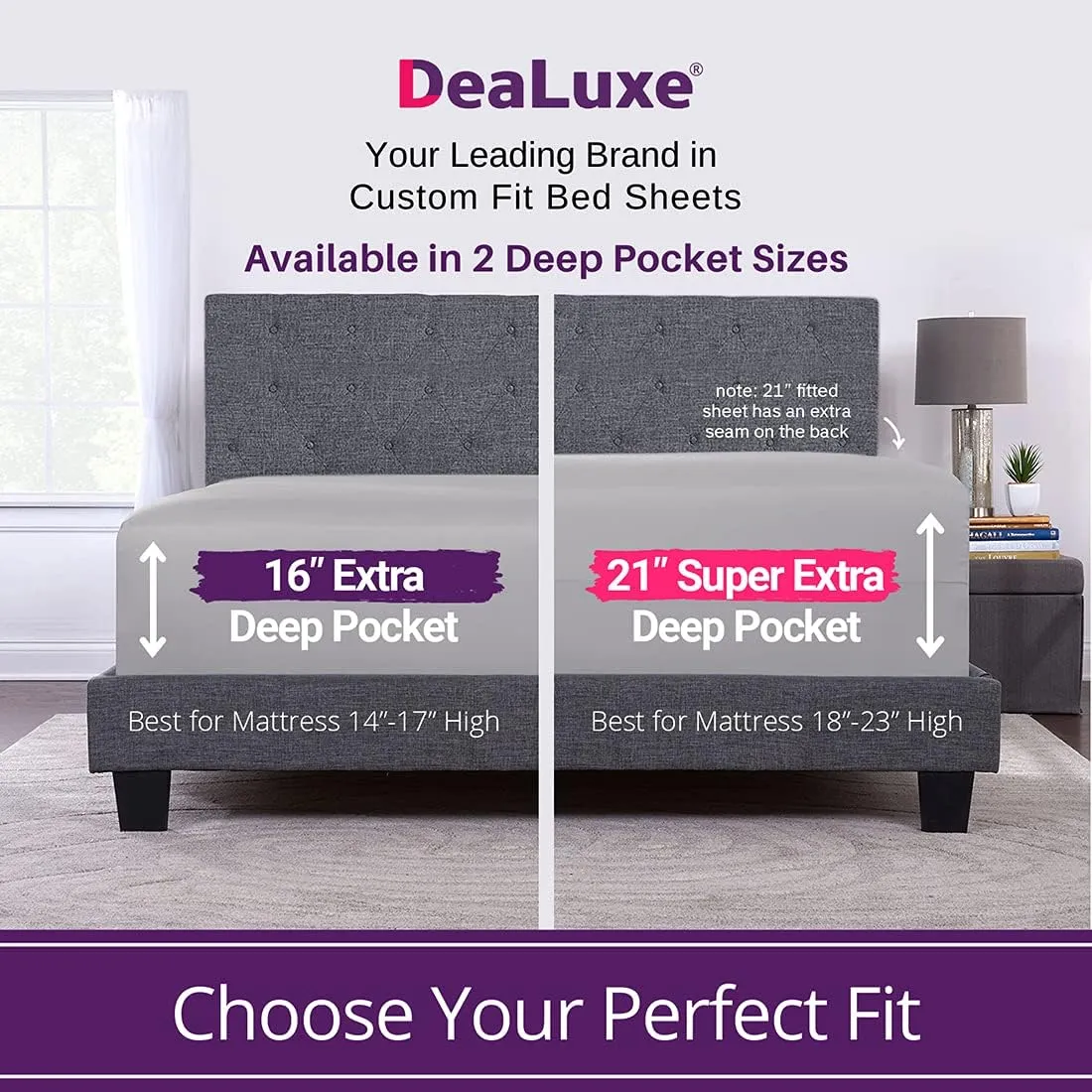 Extra Deep Pocket King Size Sheets – 21” King Sheet Sets Deep Pocket – [4 Piece Set] King Bed Sheets Oversize Flat Sheet, Fitted Sheet, 2 Zippered Pillowcases – 18”–23” King Sheets – Calm Grey