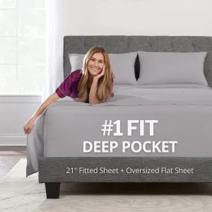 Extra Deep Pocket King Size Sheets – 21” King Sheet Sets Deep Pocket – [4 Piece Set] King Bed Sheets Oversize Flat Sheet, Fitted Sheet, 2 Zippered Pillowcases – 18”–23” King Sheets – Calm Grey