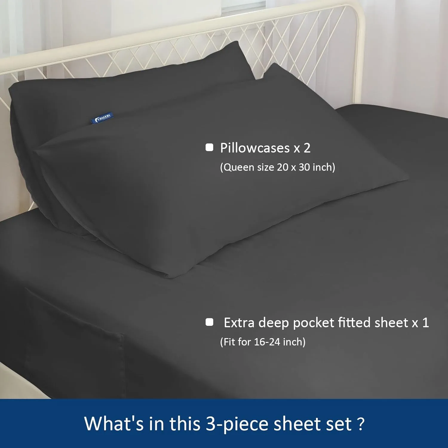 Extra Deep Pocket Queen Sheet Sets for Air Mattress - Deep Pocket Sheets Queen Size Sets - Sheets with Pocket on Side - Easily Fits Extra Deep 16 in to 24 in Pillow Top (Black)
