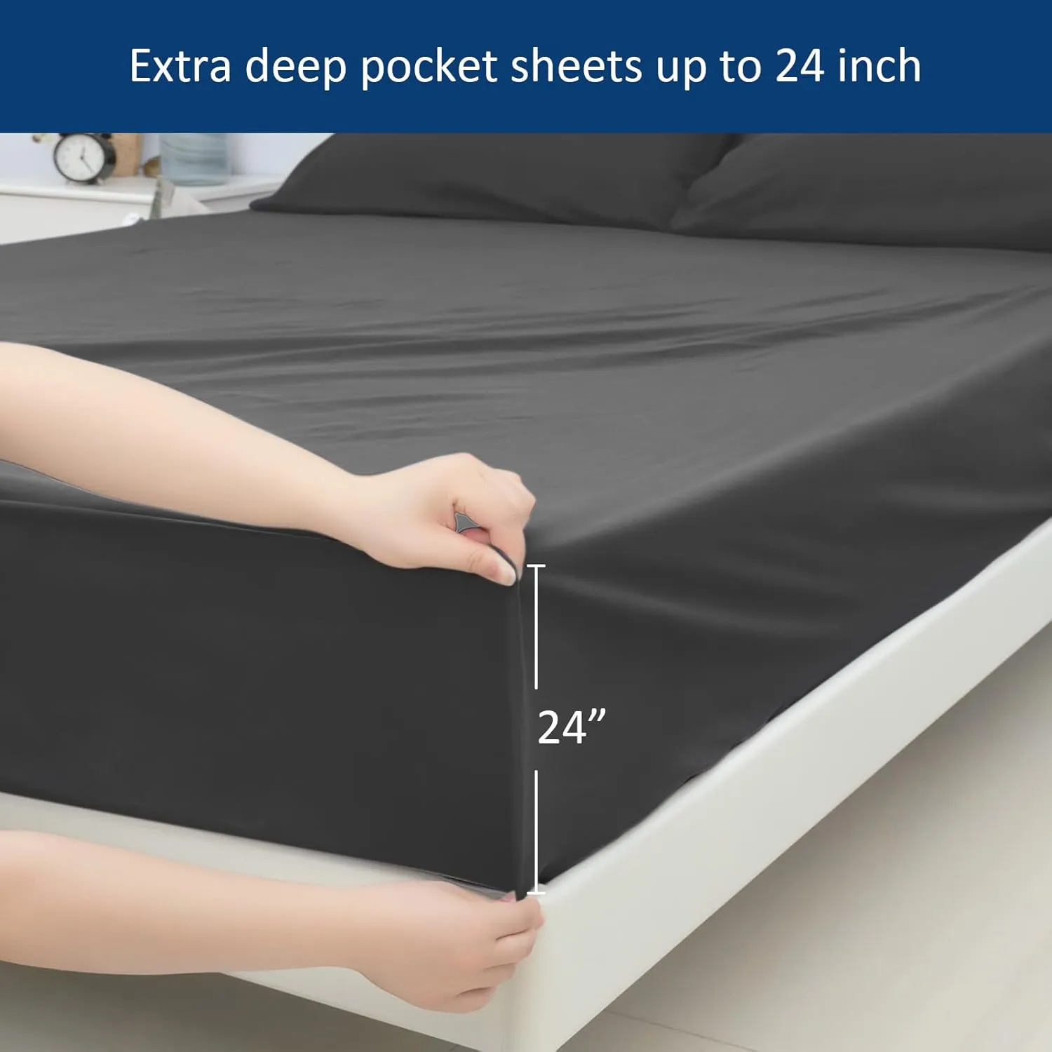 Extra Deep Pocket Queen Sheet Sets for Air Mattress - Deep Pocket Sheets Queen Size Sets - Sheets with Pocket on Side - Easily Fits Extra Deep 16 in to 24 in Pillow Top (Black)