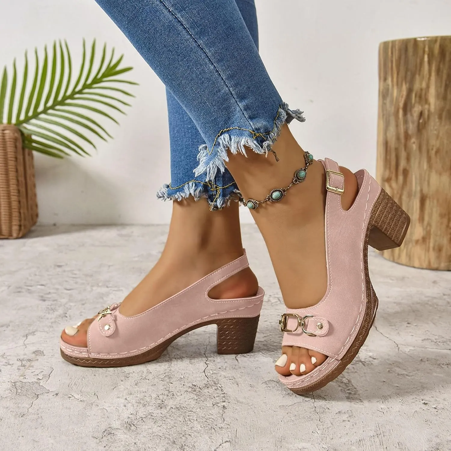 Fashion Strappy Heels for Women Sandals Comfortable Dressy Chunky Block Heel Open Toe Ankle Strap Slip On Mules Slingback Sandals for Women Prom Wedding Heels Boho Beach Sandals