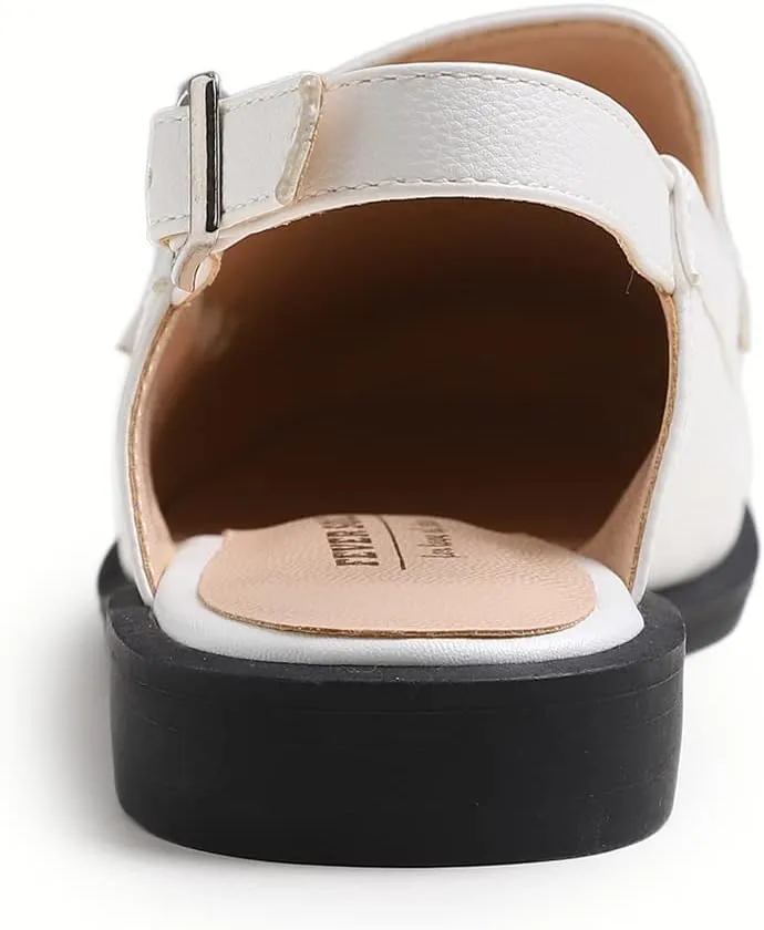 FEVERSOLE Pointed Toe Casual Slingback Flat Mules Women's Fashion Buckle Strap Slide Summer Slippers