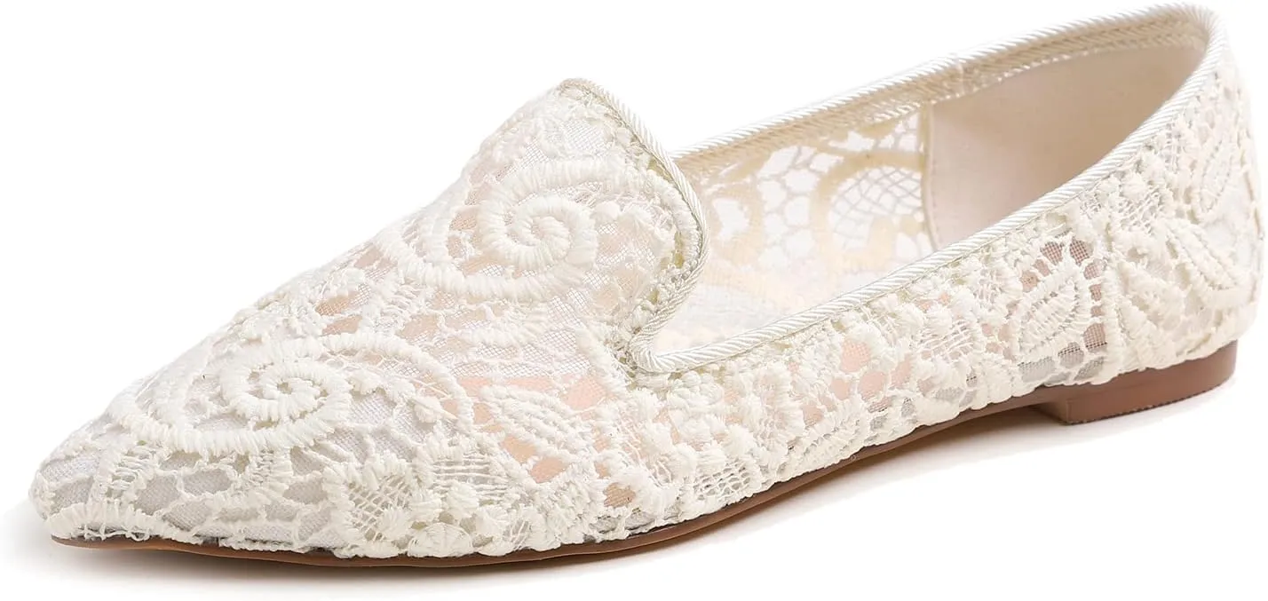 FEVERSOLE Round Toe Lace Ballet Crochet Flats Women's Comfy Breathable Shoes