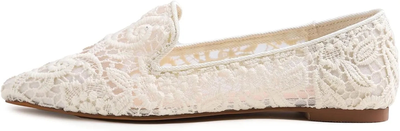 FEVERSOLE Round Toe Lace Ballet Crochet Flats Women's Comfy Breathable Shoes