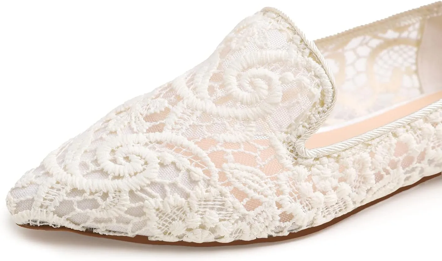 FEVERSOLE Round Toe Lace Ballet Crochet Flats Women's Comfy Breathable Shoes