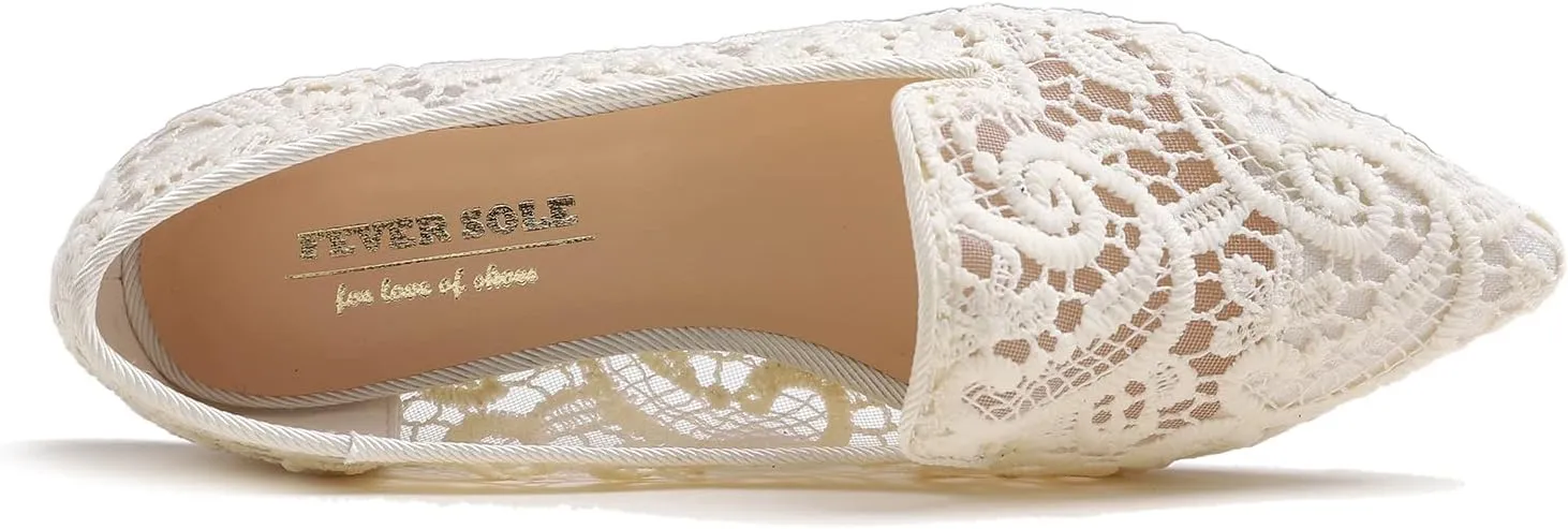 FEVERSOLE Round Toe Lace Ballet Crochet Flats Women's Comfy Breathable Shoes