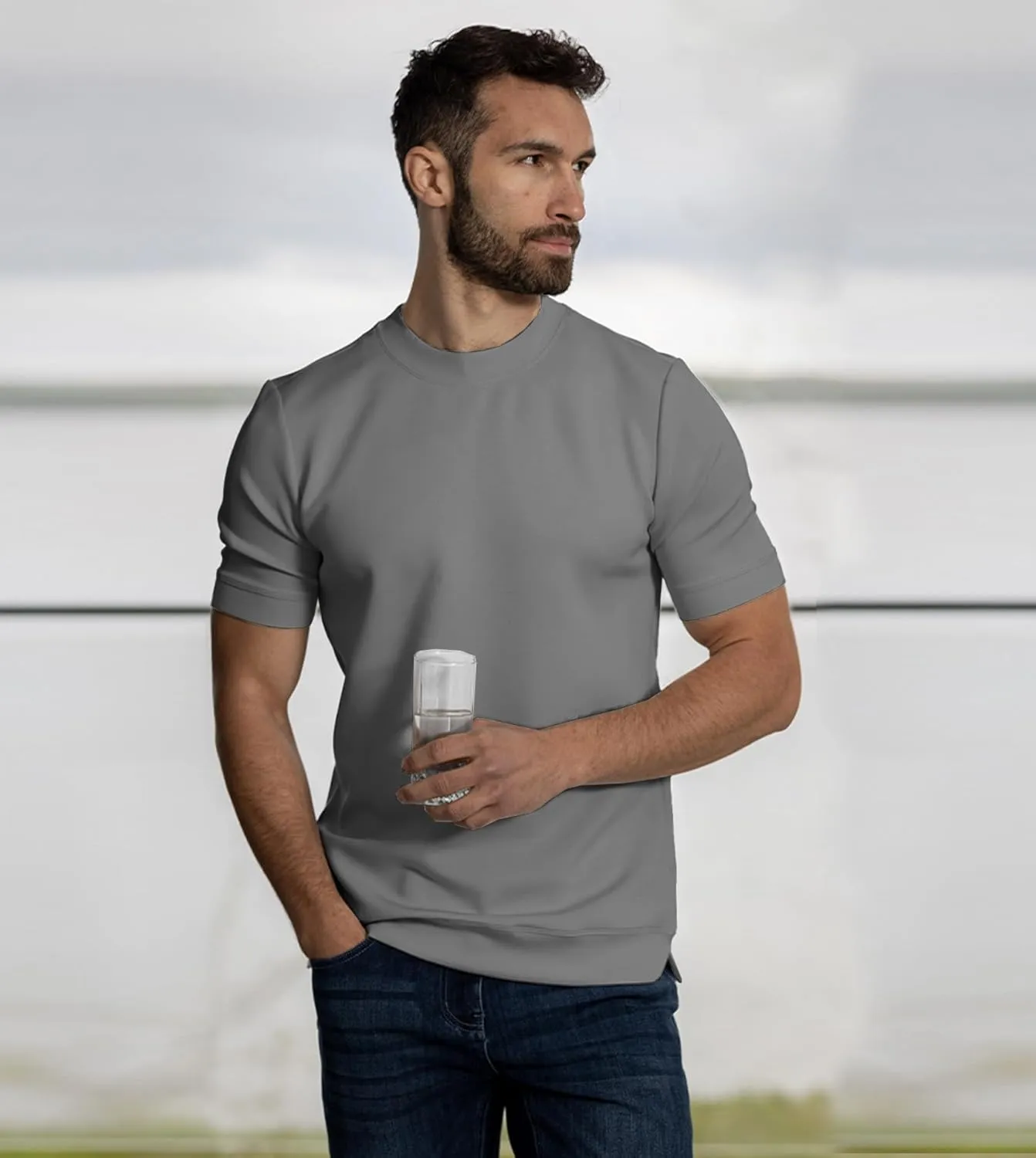 Fioboc Shirts for Men Modal Blend Short Sleeve Tee Slim Fit Solid Top S-4XL